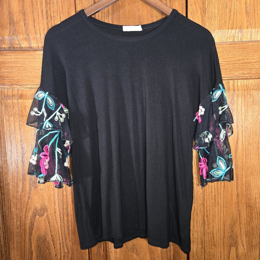 Pebble and Stone Black Stretchy Top with Tiered Embroidered Floral Sleev…
